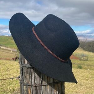 NEW Wool Black felt wide brim panama hat with suede braided ribbon detail
